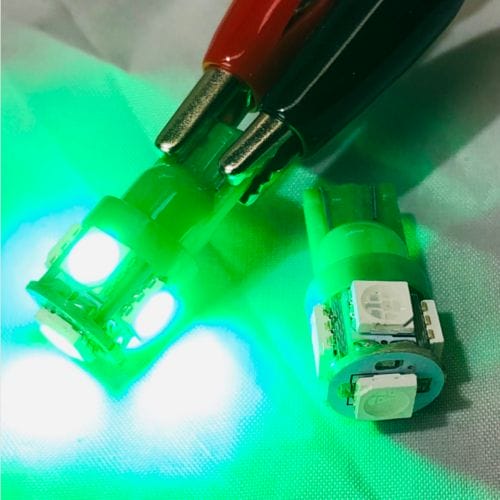 LED Globe 12 Volt T10 Wedge Multi Directional Green Pair - Image 3